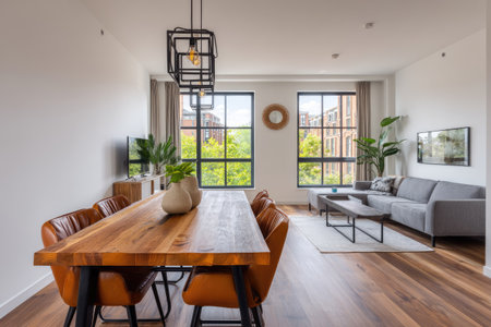 A well-lit interior showcases a wooden dining table with leather chairs. Large windows offer a view, while a gray sofa and modern furniture complete the scene. The overall style suggests a contemporary design, suitable for residential or commercial use, offering a sense of space and comfort.の素材