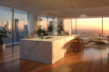 This image presents a contemporary kitchen, showcasing a marble countertop and wooden stools. Large windows frame a scenic cityscape, illuminated by the warm light of a sunset. The composition suggests a luxurious setting, with emphasis on natural light and open space, ideal for various design and lifestyle applications.の素材