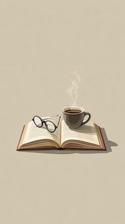 An open book with eyeglasses and a coffee cup sits on a neutral background. The composition uses muted tones and soft lighting. The objects are arranged, suggesting a moment of rest or study. This image is suitable for various commercial uses, including editorial content, advertising, and design projects.の素材