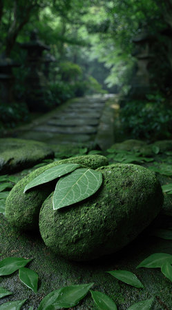 Two moss-covered rocks rest in the foreground, with a green leaf resting on one. A pathway of stone steps leads the eye into a blur of green foliage. Soft lighting suggests an outdoor scene, potentially useful for projects related to nature, relaxation or tranquility.の素材