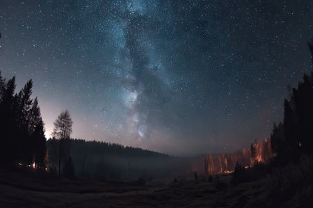 A nighttime panoramic scene features a starry sky with a visible Milky Way. The landscape includes silhouettes of trees and a mountain range. The composition uses natural colors, and the lighting suggests a clear night. This image is suitable for editorial and commercial projects related to nature and astronomy.の素材