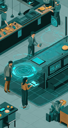 This illustration presents a modern laboratory environment with people interacting with advanced technology. The scene features a cool color palette with shades of blue and green. The composition is isometric, suggesting a digital or technical theme, suitable for commercial or editorial use. Various workstations and data displays are present.の素材