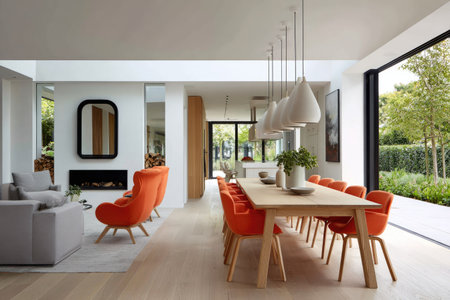 A modern interior showcases a dining area and lounge with an open plan design, bathed in natural daylight. Orange chairs contrast against the neutral tones of the walls and floor. Overhead lighting and large windows contribute to the bright, airy atmosphere. This versatile space is suitable for various commercial and editorial applications.の素材