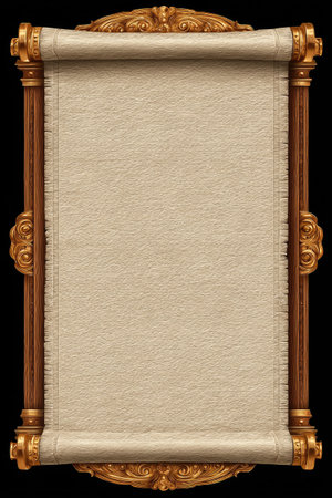 An antique scroll features a rectangular parchment within a detailed golden and wooden frame. The image showcases beige paper, the texture of which is clearly visible, against a dark background. The composition is symmetrical, with direct overhead lighting. This design could be used for various advertising or creative applications.の素材