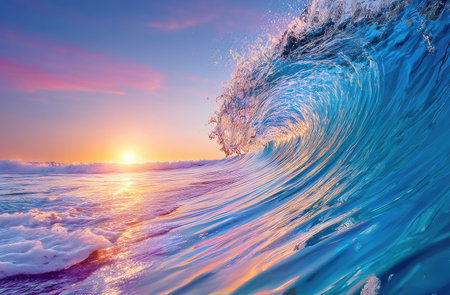 A large ocean wave is captured mid-crest, showcasing a dynamic display of turquoise and blue tones. The waveの素材