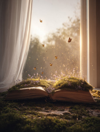 An open book covered in green moss sits before a sunlit window, with butterflies flitting through the air. The composition features warm colors and soft textures, suggesting a tranquil indoor scene. This image could be used for various creative projects or editorial purposes.の素材