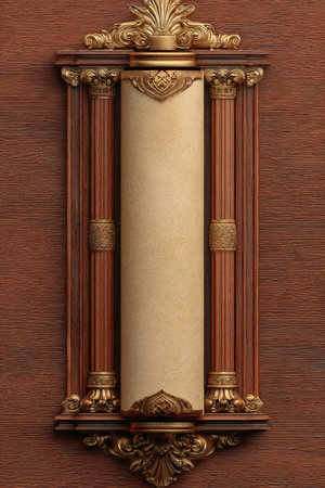 An elaborately designed scroll display features rich wooden tones and detailed golden accents. The composition presents vertical columns flanking the central scroll area. The image conveys a sense of traditional elegance and formality, suitable for announcements, historical context, or display. It provides copy space, ideal for various visual projects.の素材