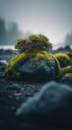 A unique rock formation is covered in lush green moss and plants, set against a blurred, neutral background. The image showcases a natural composition and soft textures, with subdued lighting. Suitable for various editorial and commercial projects, it offers a serene and organic aesthetic.の素材