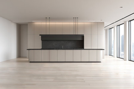 A contemporary kitchen interior is depicted with clean lines and a minimalist aesthetic. The scene showcases light-colored cabinetry and countertops, complemented by a muted color palette. Large windows offer natural light, enhancing the open layout. This image would be suitable for architectural visualization or editorial content related to home design.の素材