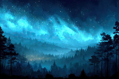 An illustration depicts a night scene with a vibrant, luminous sky and a silhouetted evergreen forest. The artwork showcases a blend of blue and teal hues, creating a fantasy atmosphere. This image's style would be suitable for various design projects, visual content, and illustrative needs.の素材