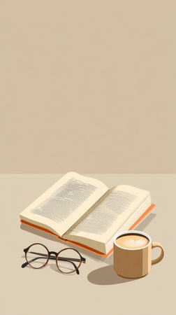An open book, eyeglasses, and a coffee cup are presented on a neutral-toned surface. The illustration features a flat design style, with soft lighting and a minimalist composition. This image could be suitable for educational materials, website design, or articles related to reading and relaxation. Its clean aesthetic lends itself well to various commercial applications.の素材