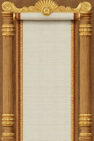 An image showcases an ornate display featuring a cream-colored scroll framed by wooden pillars. Golden accents and decorative elements adorn the structure, creating a sense of grandeur. The composition, with its symmetry and lighting, suggests a formal setting suitable for presentations or announcements, offering a clean backdrop.の素材