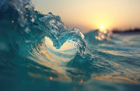 A turquoise ocean wave curls under a golden sunset. The image showcases water texture and light refraction in an aquatic setting. Soft light creates an atmospheric effect. Suitable for promotional materials, travel publications, and ecological content.の素材