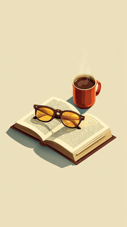 An open book with eyeglasses rests on top alongside a full coffee mug. The image showcases a simple, flat style with warm color tones of brown, beige, and orange. The scene appears to be indoors, bathed in soft, even lighting. Suitable for editorial illustrations and concept-based design projects.の素材