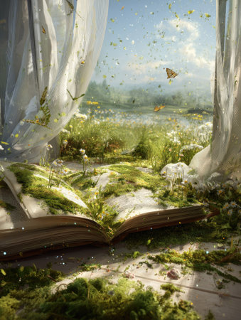 An open book rests amidst vibrant green moss and foliage in a whimsical forest scene. Soft, diffused sunlight filters through sheer curtains, illuminating the detailed textures of the pages. Butterflies flutter, enhancing the tranquil, dreamy ambiance. This illustration could be used for editorial projects or artistic compositions.の素材