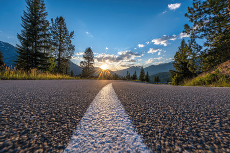 An asphalt road with a white center line stretches toward a bright sunrise. The composition features a low-angle perspective, emphasizing the texture of the road's surface. Lush green trees and distant mountains create a natural setting under a blue sky with scattered clouds. This image could be used for travel, transportation, or landscape concepts.の素材