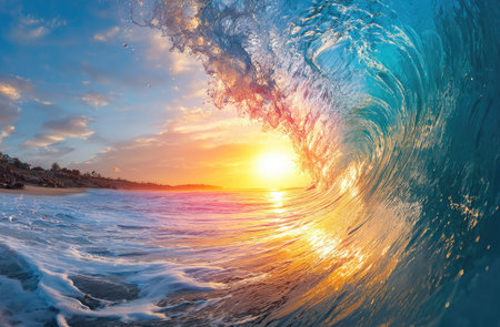 A large ocean wave curls over, displaying shades of blue, turquoise, and white. The scene is illuminated by a sunset, with a bright golden sun visible on the horizon. The water's texture and shape suggest movement and energy. It can be used for visual storytelling, advertising or artistic purposes.の素材
