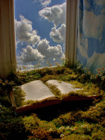 An open book rests in a grassy field, with a bright blue sky and fluffy clouds visible through an opening. The scene is awash in natural sunlight, with greens and browns dominating the color scheme. This image may be suitable for use in advertising, editorial, and educational materials.の素材