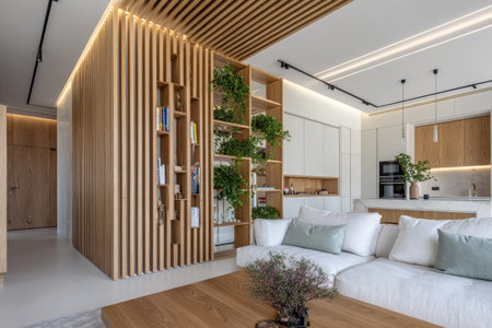 The image showcases a contemporary interior with wooden accents, including a slatted wall and ceiling. A white sofa with pastel pillows sits in the foreground, complemented by a wooden coffee table. Natural light illuminates the space, highlighting textures. Suitable for illustrating themes related to home decor and lifestyle.の素材