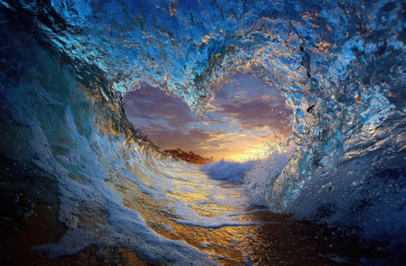 An ocean wave curls inwards, forming a heart shape against a colorful sunset. The water displays shades of blue and turquoise, with hints of the setting sun illuminating the sky. The dynamic composition and vibrant colors make it suitable for various commercial or editorial projects.の素材