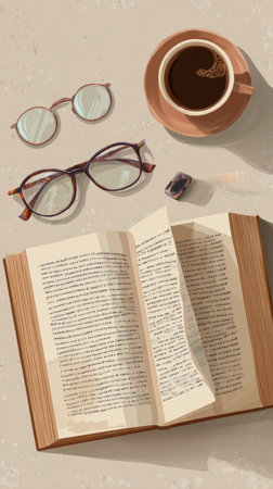 An overhead composition shows an open book with eyeglasses, a coffee cup, and a small stone. The scene features neutral tones and warm lighting, suggesting an indoor setting. This arrangement could be used to depict concepts related to reading, studying, or leisure. It might be suitable for various commercial applications.の素材