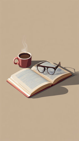 An open book, eyeglasses, and a cup of coffee are depicted on a neutral background in this illustration. The composition is minimalist, featuring soft colors, smooth textures, and an overhead perspective. This image could be suitable for various editorial and commercial uses, emphasizing themes of learning and leisure.の素材