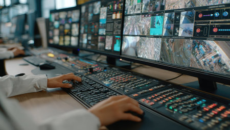 An operator is seen managing a control panel with multiple displays. The screens show various video feeds and data. The scene is indoors, illuminated by artificial light. This setup could be used for surveillance, broadcasting, or data management. The image is suitable for commercial and editorial applications.の素材