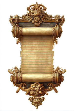 This image features a golden ornate scroll set against a white backdrop. The scroll is composed of detailed carvings and scrollwork, with a distressed paper texture in the center. The lighting highlights the gold's reflective qualities. Suitable for various projects, including illustrations and graphic design purposes.の素材