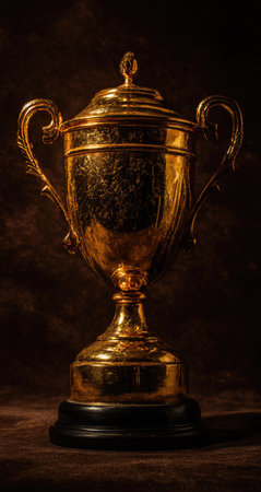 A detailed studio shot showcases a shiny golden trophy, set against a deep brown backdrop. The trophy features elegant handles and a decorative lid. The warm lighting highlights the metallic texture. Suitable for illustrating concepts like awards and accomplishments in various promotional contexts.の素材