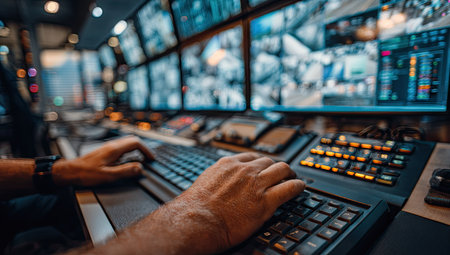 A person operates a keyboard in a dimly lit control room filled with screens displaying various feeds. The composition focuses on the hands interacting with the keyboard. Visual elements include monitors and illuminated controls. The image may be suitable for articles and promotional materials related to security or technology.の素材