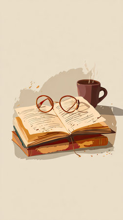 An open book, eyeglasses, and a coffee cup are depicted on a beige background in this illustration. The artwork employs warm colors and a simple design. The image might be suitable for use in editorial content or for commercial purposes related to reading and education, and leisure.の素材