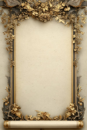 An elaborate golden frame, adorned with intricate floral designs, stands against a textured, neutral background. The frame's rich details and the beige backdrop suggest a classic, possibly vintage aesthetic. This imagery could be suitable for various uses, including design projects, presentations, and digital art, providing an elegant backdrop.の素材