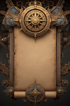 An elaborate scroll frame features decorative compass rose elements at the top and bottom. The design incorporates various textures and a predominantly warm color palette, complemented by darker accents. This vertical composition is likely designed for presentations or similar projects. It may serve various commercial and artistic purposes.の素材