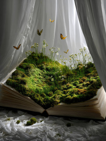 An open book showcases a miniature landscape of moss and small plants, accented by butterflies. The scene is framed by soft, white curtains, creating a dreamy atmosphere. This creative composition uses natural textures and lighting and could be useful for fantasy illustrations, storytelling or conceptual design.の素材