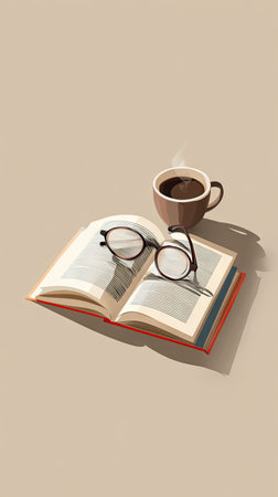An open book, a pair of round eyeglasses, and a coffee cup are depicted against a neutral beige backdrop. The composition features soft lighting, creating a serene mood. This image is suitable for illustrating themes related to reading, education, or leisure, and could be utilized in diverse editorial and commercial contexts.の素材