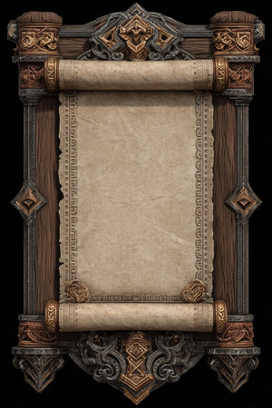 A decorative wooden frame with an aged paper scroll is displayed against a black backdrop. The frame features detailed carvings in shades of brown and gold, while the paper has a textured, antique appearance. Suitable for illustrating historical documents, announcements, or artistic compositions, offering versatile application possibilities.の素材