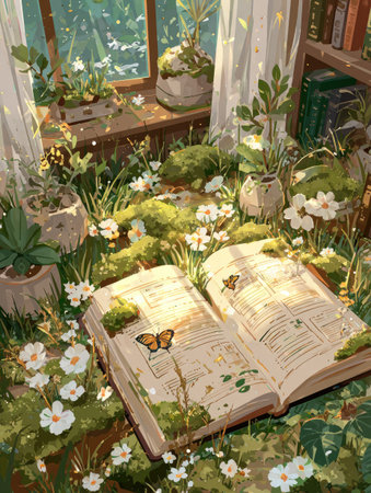 An open book rests amid flowers and greenery, illuminated by sunlight. Butterflies rest on the pages, and plants fill the space. The scene features a soft, inviting atmosphere, evoking a sense of tranquility. Suitable for editorial and commercial projects, the artwork offers versatile visual appeal.の素材