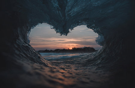 An ocean wave is shaped into a heart, framing the sunset. The image displays shades of blue, grey, and orange, with a focus on the texture of the water. The composition suggests a natural, outdoor environment with soft lighting. Suitable for various commercial and editorial applications.の素材