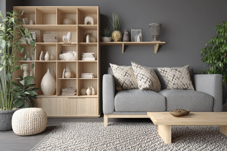 This interior showcases a contemporary living space featuring a gray couch, wooden bookshelf, and various decorative items. The composition highlights a minimalist design with a neutral color palette, including gray, beige, and natural wood tones. Soft lighting enhances the textures of the rug and furniture, suitable for home decor or lifestyle content.の素材