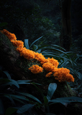 A vibrant orange fungus is showcased, thriving on a moss-covered log, contrasted against a dim, verdant forest. The composition, featuring selective focus, highlights the fungal texture. This image, with its rich color palette and natural setting, is suitable for editorial purposes or as a visual element in designs.の素材