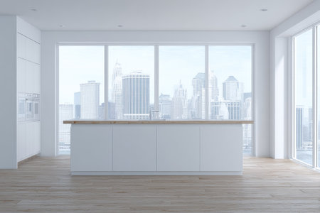 An interior scene presents a minimalist kitchen dominated by white cabinetry and a central island. Large windows offer a panoramic view of a cityscape. The composition utilizes natural lighting and a muted color palette, with wood accents adding warmth. This image is suitable for architectural, design, or lifestyle applications.の素材