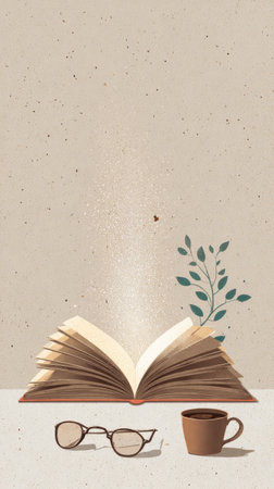 An open book, eyeglasses, and a coffee cup are depicted against a muted beige background. The illustration employs a flat style, with soft lighting and a clean composition. The image may be suitable for educational materials, lifestyle blogs, or website design. It suggests a tranquil environment.の素材