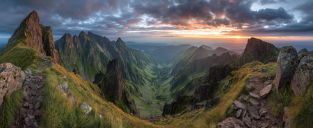 The image presents a wide landscape featuring jagged mountain peaks framing a green valley under a dramatic sky. Colors range from deep blues and greens to warm orange hues, suggesting a sunset. The composition emphasizes depth, likely suitable for environmental themes or illustrating natural beauty for various commercial purposes.の素材