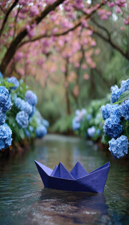 A blue paper boat floats on a calm stream, with vibrant blue and pink flowers and lush green trees in the background. The composition showcases a blurred depth of field, creating a dreamy atmosphere. This tranquil scene might be suitable for various creative projects, including editorial illustrations or website imagery.の素材