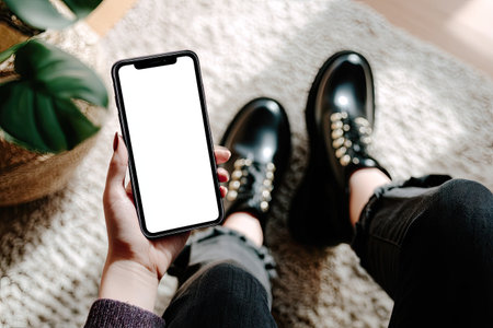 A person is captured holding a smartphone with a clean, white screen, the focus being the device and footwear. Black boots, featuring stylish details, are in the frame. The composition has a soft, muted color palette and natural light suggesting an indoor setting. This image could serve various commercial and lifestyle applications.の素材