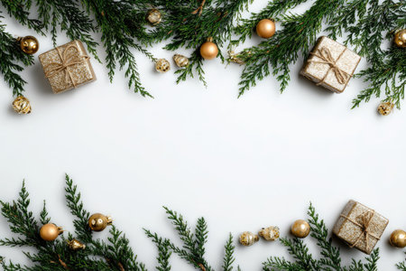Christmas decorations are presented overhead on a white backdrop. The scene includes evergreen branches adorned with gold ornaments and wrapped gift boxes. The composition has natural lighting and a festive aesthetic. It could be used for holiday-themed design or promotional material.の素材
