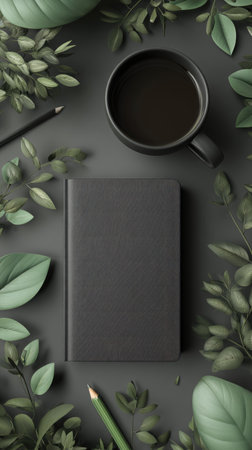 A top-down composition presents a black notepad, coffee cup, and pencils, encircled by green foliage. The monochromatic palette evokes a sense of calm, complemented by soft textures and natural elements. The image is suitable for uses related to stationery, lifestyle, and design projects. Its minimalist aesthetic offers a clean visual.の素材