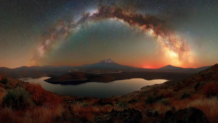 This panoramic image features a tranquil lake with a mountain backdrop, under a dramatic sky. The composition showcases warm colors during sunset, with a glimpse of the Milky Way. The scene suggests an outdoor environment, ideal for diverse editorial and commercial applications.の素材