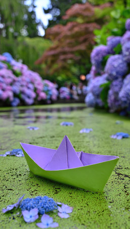 A small paper boat floats atop water, surrounded by lush greenery and vibrant flowers. The image displays a shallow depth of field, highlighting the boat against a backdrop of soft focus blossoms. The composition showcases color contrast and natural light, suitable for various design and illustrative applications.の素材