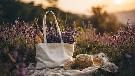 A white tote bag filled with flowers and bread rests on a blanket in a lavender field. A straw hat sits nearby under the warm glow of the setting sun. The natural composition, featuring various shades of purple and green, suggests a tranquil, outdoor scene suitable for various editorial and commercial purposes.の素材
